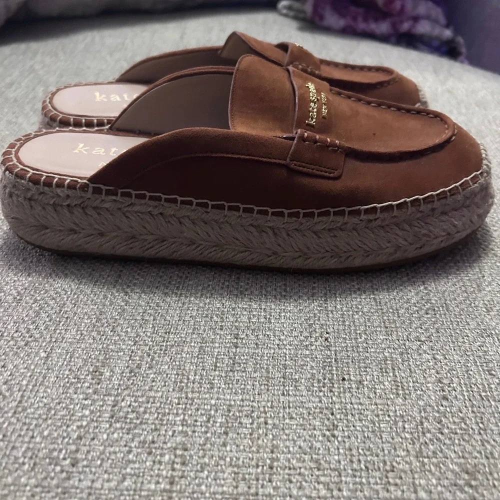 Kate Spade Eastwell Mule Women 6.5‎ Brown Suede Espadrille Platform Penny Loafer